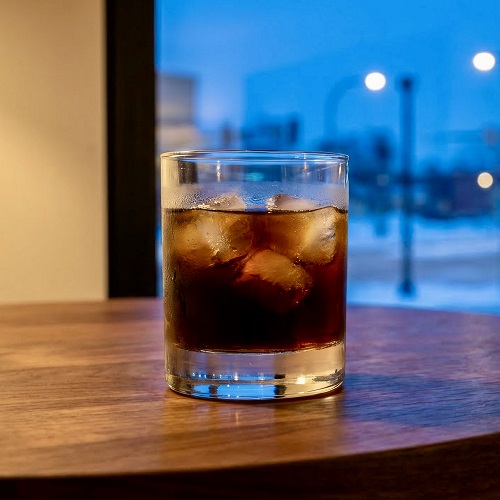 Black Russian cocktail in a rocks glass with vodka, coffee liqueur, and ice.